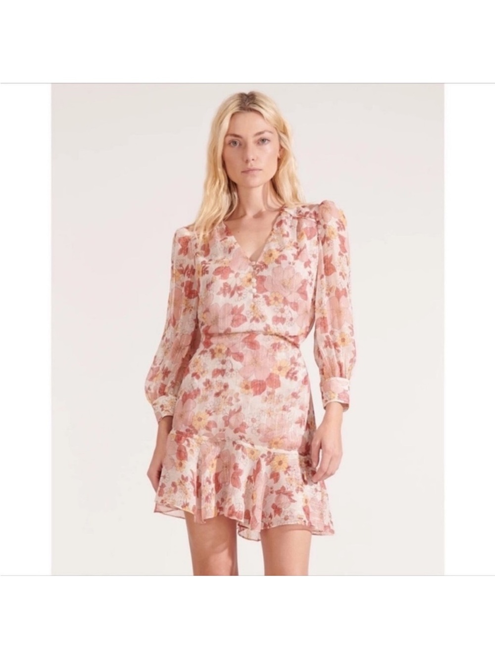 Veronica Beard Blush Floral V-Neck Long Sleeve Ruffle Dress